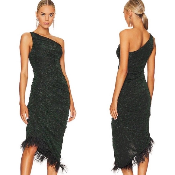 SAYLOR Dresses & Skirts - Saylor Black & Green Hilaria Feather Hem One Shoulder Midi Dress Women’s Small